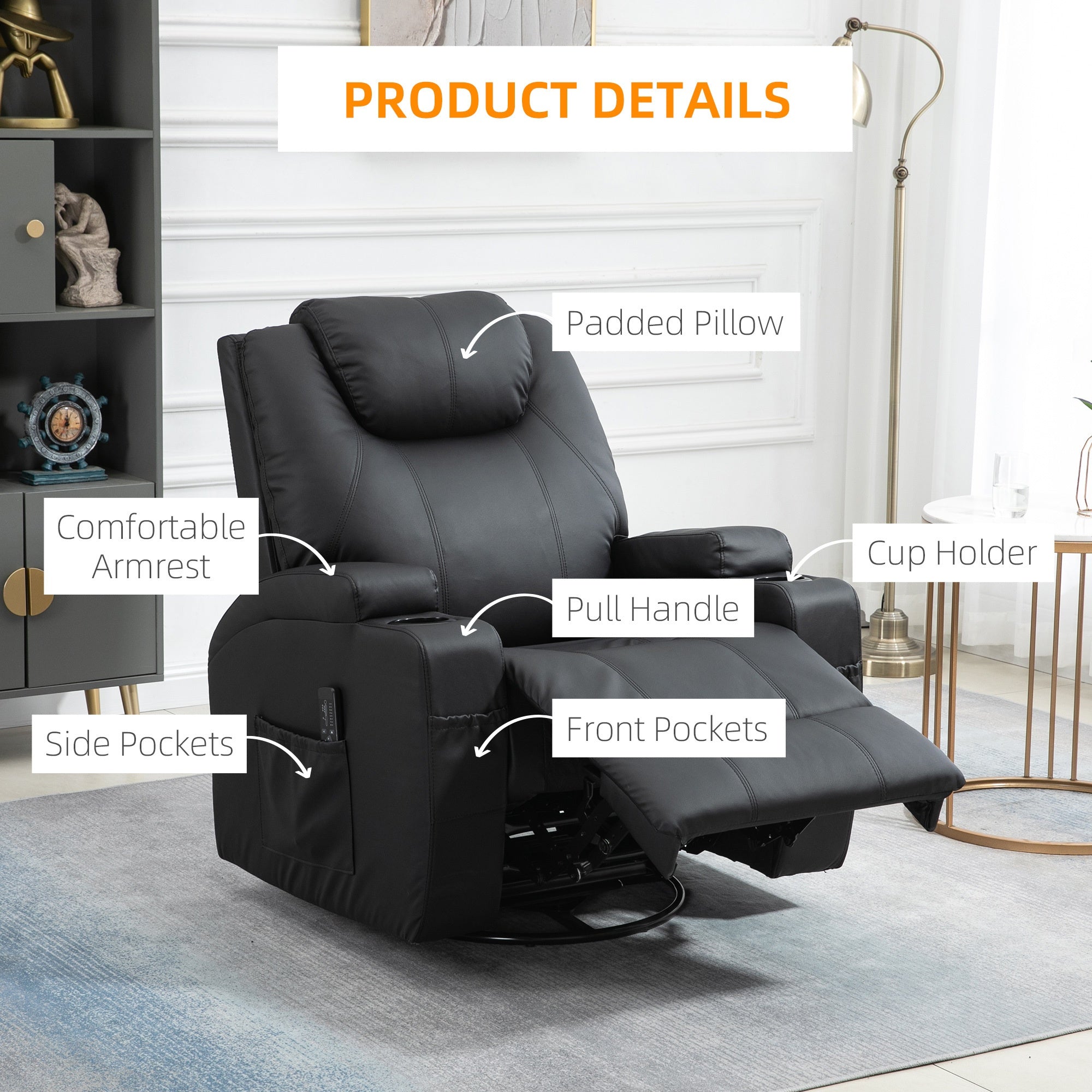 Obsidian Hide Recliner Chair with 8 Vibration Points